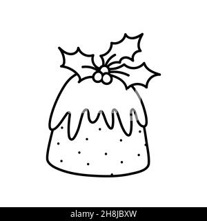 Traditional Christmas pudding with holly berry isolated on white background.Vector hand-drawn illustration in doodle style. Perfect for holiday designs, cards, decorations, logo, menu. Stock Vector