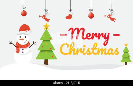 Merry Christmas landscape with christmas tree, santa hat, and two cute snowman vector on bright blue background. Stock Vector