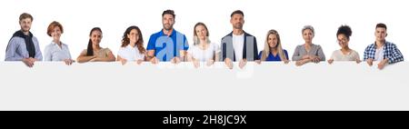 Large group of diverse people holding together blank sign with copy space for text Stock Photo