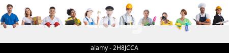 Group of diverse profession workers holding together empty banner. Isolated on white background, Copy space for text Stock Photo
