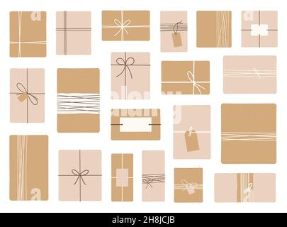 Set of zero waste, eco-friendly packaging gifts. Wrapping present boxes with kraft paper and twine ribbon and decorative crafting paper. Eco decor Stock Vector
