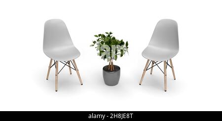 White color chair, modern design. Chairs isolated on white background with pot plant in the middle. 3D Render illustration of Furniture Stock Photo