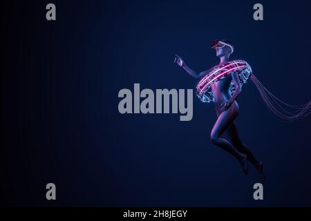 conceptual and futuristic 3d woman floating in the air with neon lighting and VR glasses. futuristic concept of video games, NFT, VR and crypto. 3d re Stock Photo