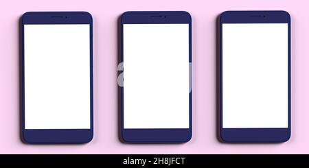 3D rendered Mobile telephone on pink background. Blank screen with copy space. Online communication, Internet search engine apps. Remote and freelance Stock Photo