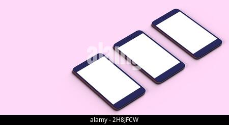 3D rendered Mobile telephone on pink background. Blank screen with copy space. Online communication, Internet search engine apps. Remote and freelance Stock Photo