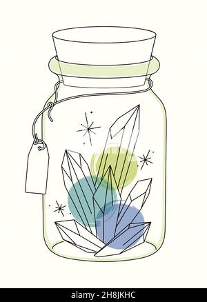 Vector bright lineart sketch quartz crystals in glass bottle. Pixiecore and fairycore Stock Vector