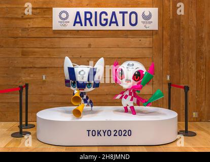 tokyo, japan - november 30 2021: Life size figurines of the mascots Miraitowa and Someity the last day of the final sale of the 2020 Summer Olympics o Stock Photo