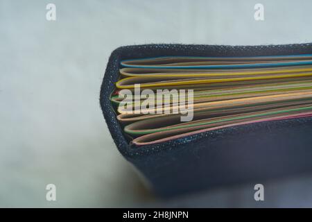 top view of book or folder with colored recycled sheets. organic materials Stock Photo