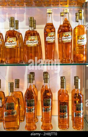 kumquat liquuor sold in stores in Corfu Stock Photo