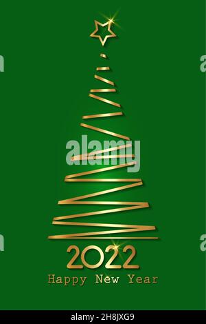 Gold stylized Christmas tree, 2022 New Year, golden luxury logo icon festive, vector isolated on green background Stock Vector