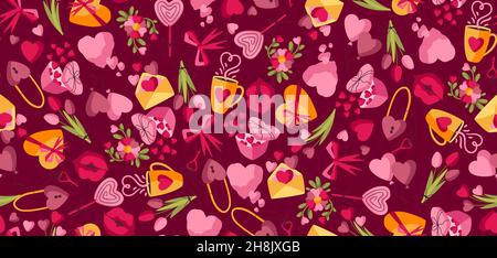 Happy Valentine Day seamless pattern. Holiday background with romantic and love symbols. Stock Vector