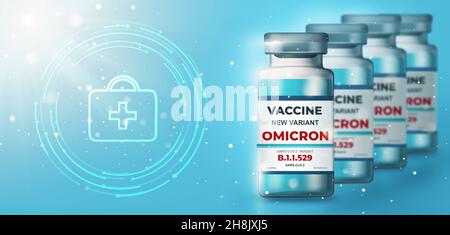 New Coronavirus variant - omicron (B.1.1.529). COVID-19 background with realistic vaccine bottles against a futuristic medical healthcare background Stock Photo