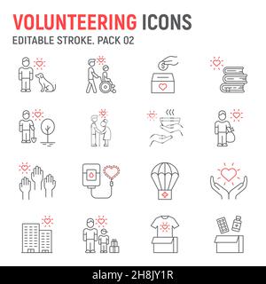 Volunteering line icon set, charity collection, vector graphics, logo illustrations, volunteering vector icons, humanitarian signs, outline pictograms, editable stroke Stock Vector