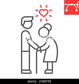 Elderly people help line icon, grandmother and volunteering, volunteer caring elderly for woman vector icon, vector graphics, editable stroke outline sign, eps 10. Stock Vector