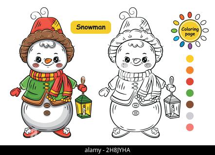 Winter snowman coloring page for preschool children. Ice snow man from snowballs with lantern kid education colouring book. Christmas character vector Stock Vector