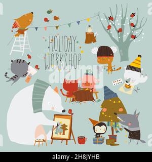 Cartoon Set with Animals getting ready for Christmas,painting,Handiwork. Holidays Workshop Stock Vector