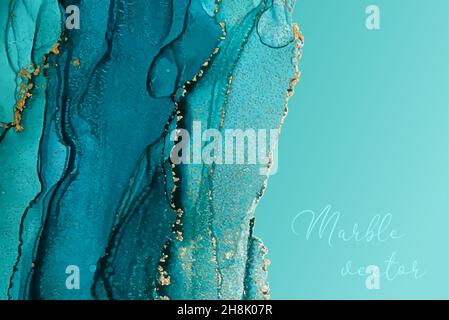 Marble Modern texture in blue color. Alcohol ink splash with isolated gold foil dots. Trendy poster design. Liquid flow art Stock Vector