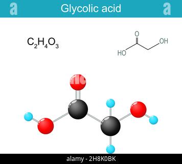Glycolic acid molecular formula. Chemical structural formula and model of a hydroxyacetic acid. hydroacetic acid. It is used in various skin-care prod Stock Vector