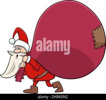 Cartoon illustration of funny Santa Claus character with huge sack of Christmas present Stock Vector