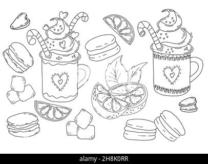Collection of desserts in style of hand-drawn linear doodles. Cup with cream dessert and straw, Macaroon biscuits, refined sugar and lemon citrus wedg Stock Vector