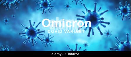 Omicron COVID-19 variant poster, panoramic banner with coronavirus germs in cell. Concept of science virology, danger, vaccine research, corona virus Stock Photo