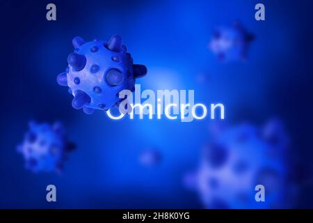 Omicron COVID-19 variant poster, microscopic view of coronavirus germs in cell. Concept of science virology, danger, vaccine research, corona virus mu Stock Photo