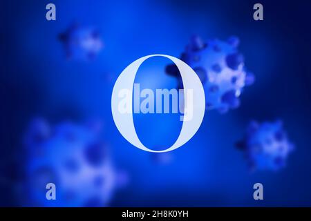 Omicron COVID-19 variant poster, letter O on blue background of coronavirus germs in cell. Concept of danger, science, vaccine research, corona virus Stock Photo