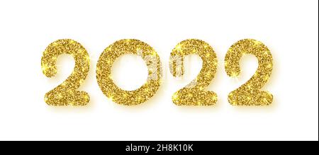 2022 New Year background. Golden metallic glitter numeral text isolated on white. Abstract gold sparkle stars white 3d greeting card header banner. Christmas poster luxury typography template concept Stock Vector