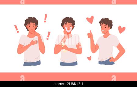 Cartoon guy before and after treatment of pimples and scars on face, person using cream or lotion isolated on white Stock Vector