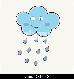 Happy cloud from which raindrops fall. Rainy weather concept. Flat vector illustration with copy space Stock Vector