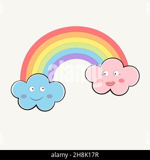 Male and female happy clouds with a rainbow between them. Good weather concept. Flat vector illustration with copy space Stock Vector