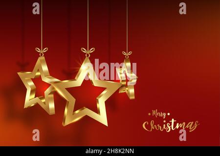 Christmas balls in 3D stars shape, Christmas luxury holiday banner with set gold star, Merry Christmas and Happy New Year greeting card. Golden luxury Stock Vector