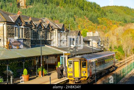 Ancient rolling stock (Class 153) on the Conwy Valley Line, at Betws-Y-Coed. They run every 3 hours! Image taken in November 2021. Stock Photo