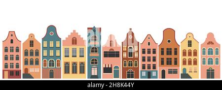 Netherlands Houses, Amsterdam traditional colorful homes, architecture illustrations Stock Vector