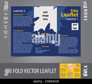 Tri fold leaflet design for service or product purpose, dimension A4, front page with bleed 3 mm, fully editable, editable text layers, ready to print Stock Vector