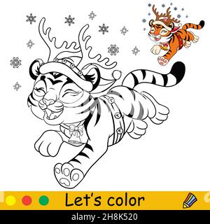Cute Christmas tiger with hornes of deer. Coloring book page for children with colored exemple. Vector cartoon illustration. For coloring book, educat Stock Vector
