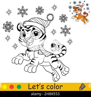 Cute happy jumping tiger cub in Christmas hat. Coloring book page for children with colored exemple. Vector cartoon illustration. For coloring book, e Stock Vector