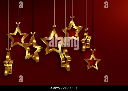 Christmas balls in 3D stars shape, Christmas luxury holiday banner with set gold star, Merry Christmas and Happy New Year greeting card. Golden luxury Stock Vector