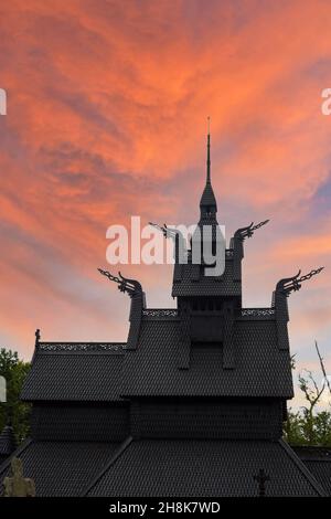 Fantoft Stave Church in Bergen at dusk, Norway Stock Photo