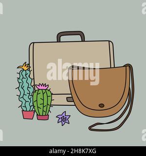 Cactus leather. Hand drawn handbags and Cactus plants on grey background. Eco-Friendly product. Stock Vector