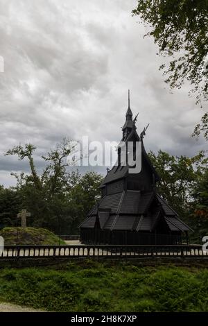 Fantoft Stave Church in Bergen at cloudy day, Norway Stock Photo