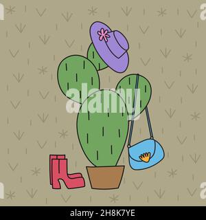 Cactus leather. Hand drawn cactus decorated by hat, handbag and shoes on beige background. Stock Vector