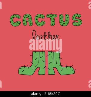 Hand drawn shoes with text Cactus leather on pink background. New Eco-Friendly Fabric. Stock Vector