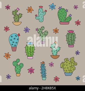 Set of different Cactus plants on beige background. Cacti stickers set. Stock Vector