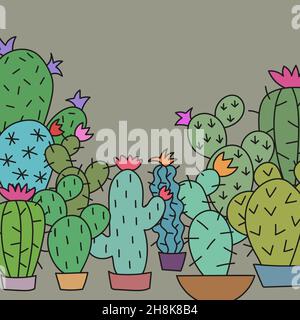 Frame or border of different Cactus plants on grey background. Stock Vector