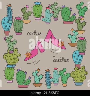 Cactus leather. Pink shoes surrounded by different Cactus plants on grey background. Stock Vector