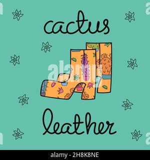 Cactus leather concept. Handwritten text Cactus leather and colourful shoes on turquoise background.  Stock Vector