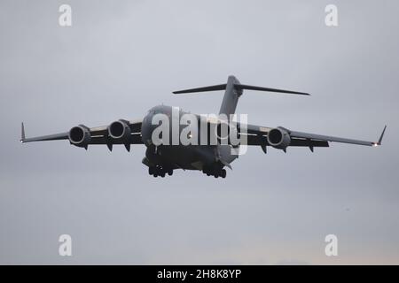 ZZ173, a Boeing C-17A Globemaster C1 operated by the Royal Air Force (RAF), arriving at Prestwick International Airport in Ayrshire, Scotland. Stock Photo
