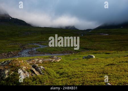 Mountains around Viterskalet cabin upon the southern part of Kungsleden hiking trail, gorgeous Lapland, Sweden, August 2021 Stock Photo