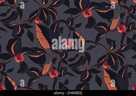 Vector floral seamless pattern. Night navy blue and coral color branches with leaves, red berries. Stock Vector